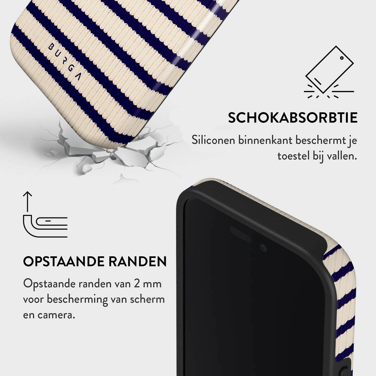 Telefoonhoesje met marineblauwe en witte strepen. Het heeft beschermende randen en schokabsorptie. Het telefoonscherm is zichtbaar.