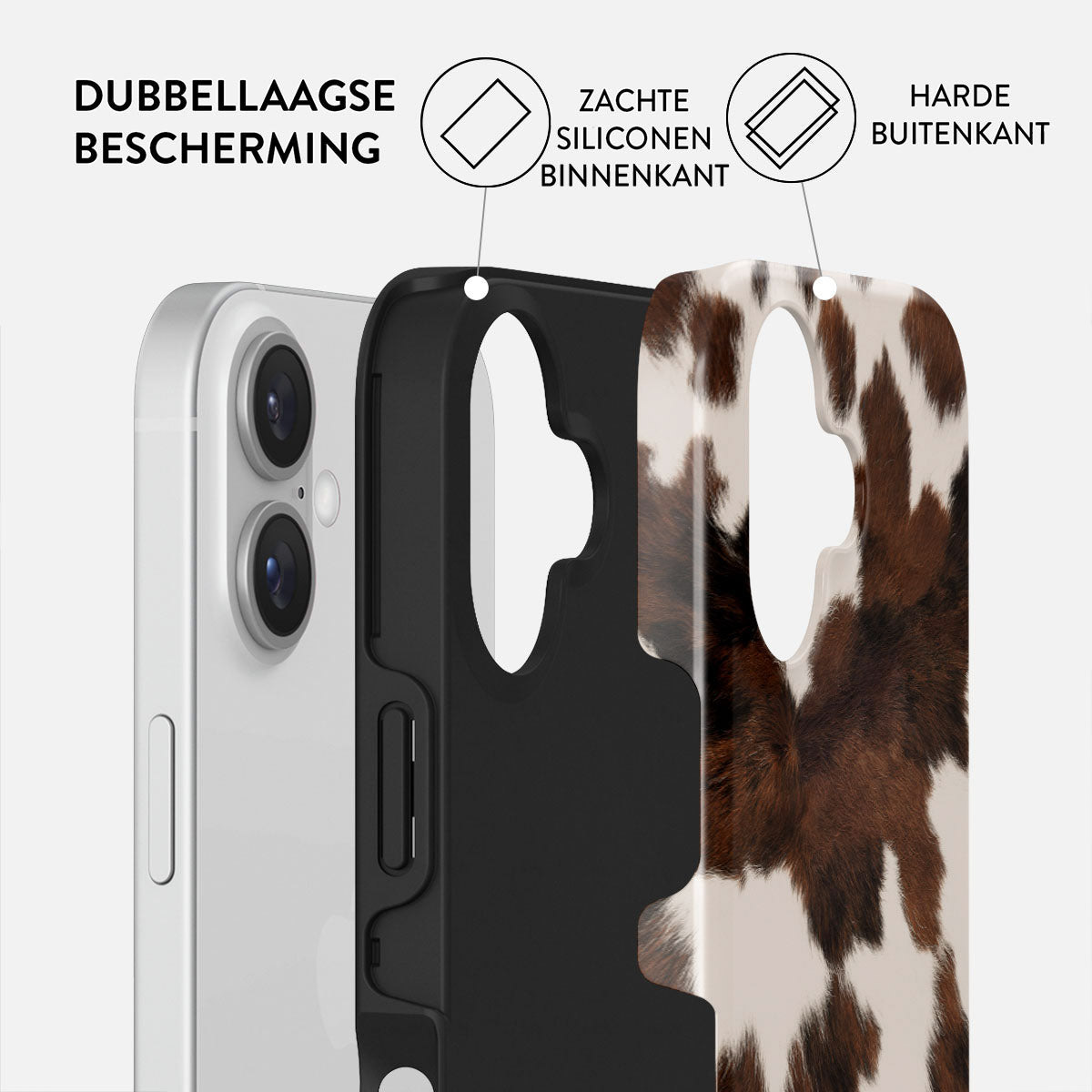 Telefoon met hoesje, met lagen: telefoon, zwarte binnenhoes en koeienprint buitenhoes. Tekst: dubbellaagse bescherming, zachte siliconen binnenkant, harde buitenkant.