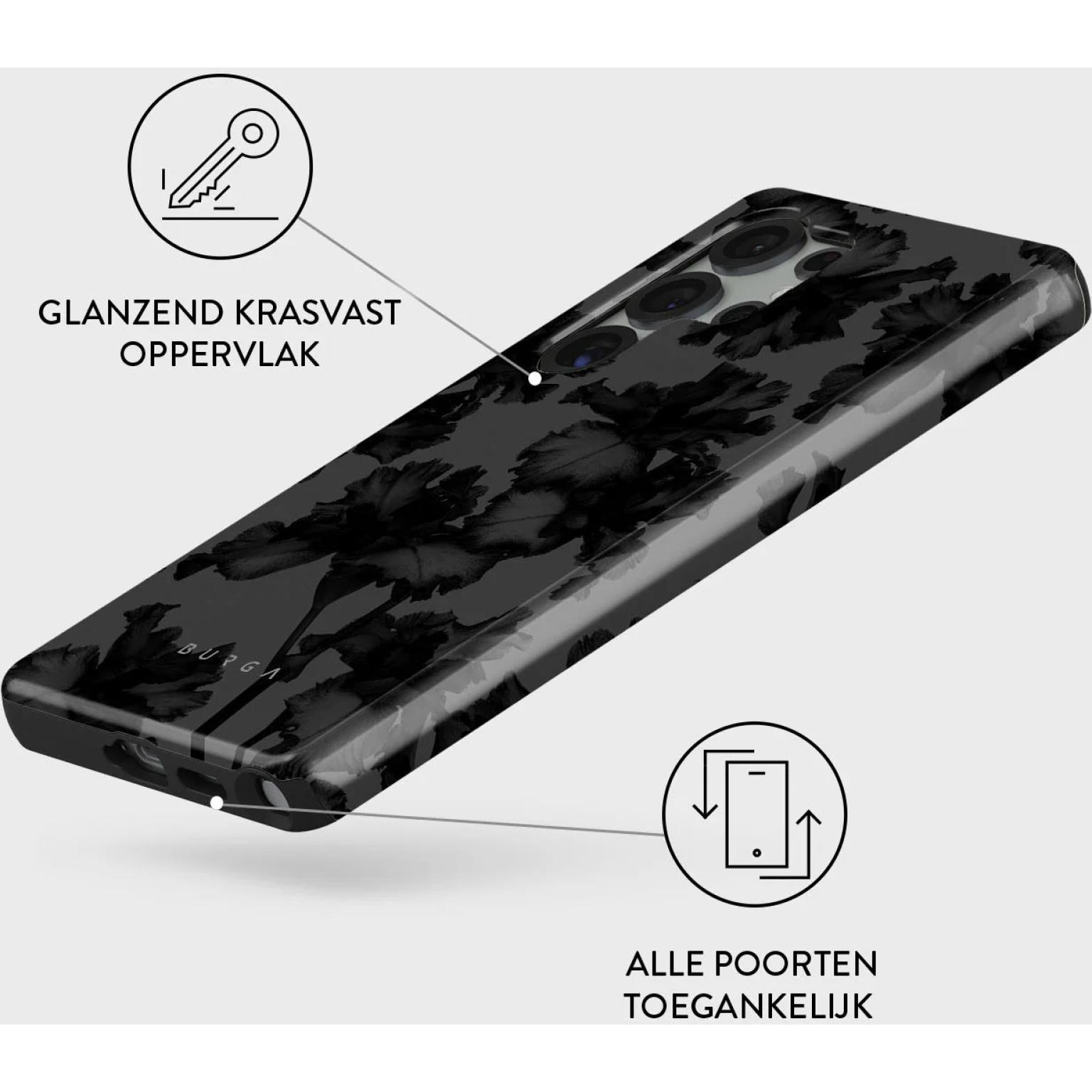 Telefoonhoesje met zwart bloemmotief. De hoes is glanzend en heeft de tekst 'BURGA'.