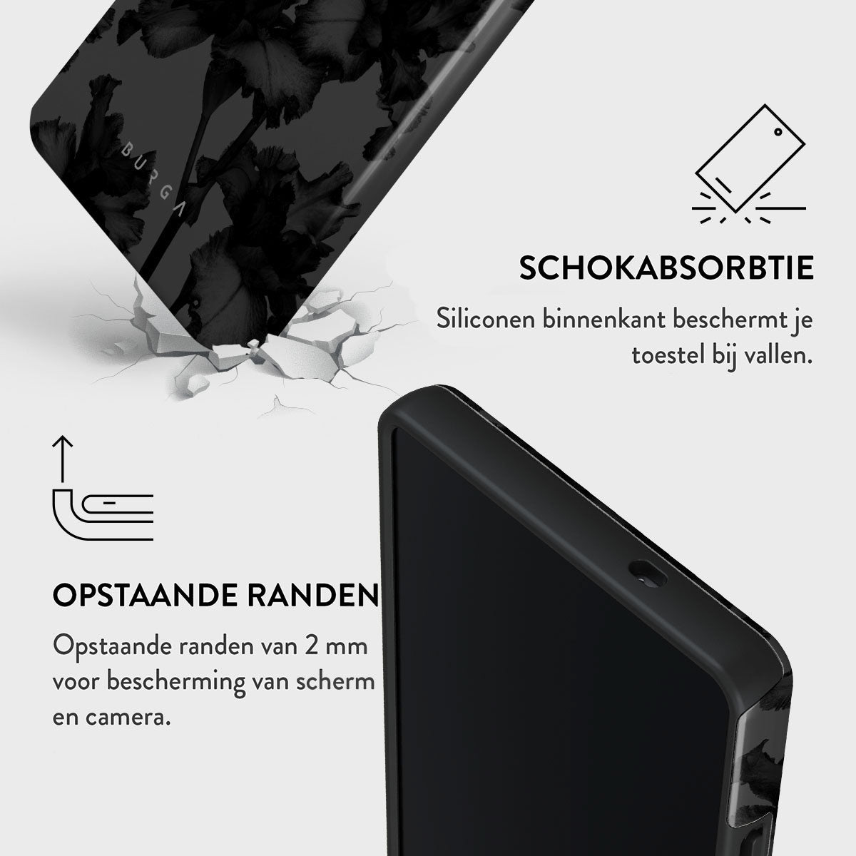 Zwarte telefoonhoes met bloemenontwerp, tekst: 'SCHOKABSORBTIE, OPSTAANDE RANDEN'. Toont beschermingsfuncties.