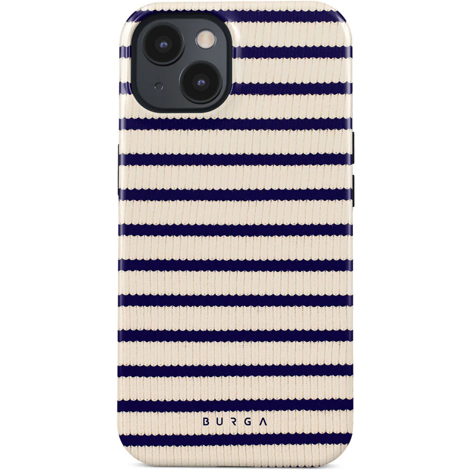 iPhone-hoesje met een marineblauw en crèmekleurig horizontaal streepjespatroon. Het heeft een cameradrempel en de merknaam BURGA.
