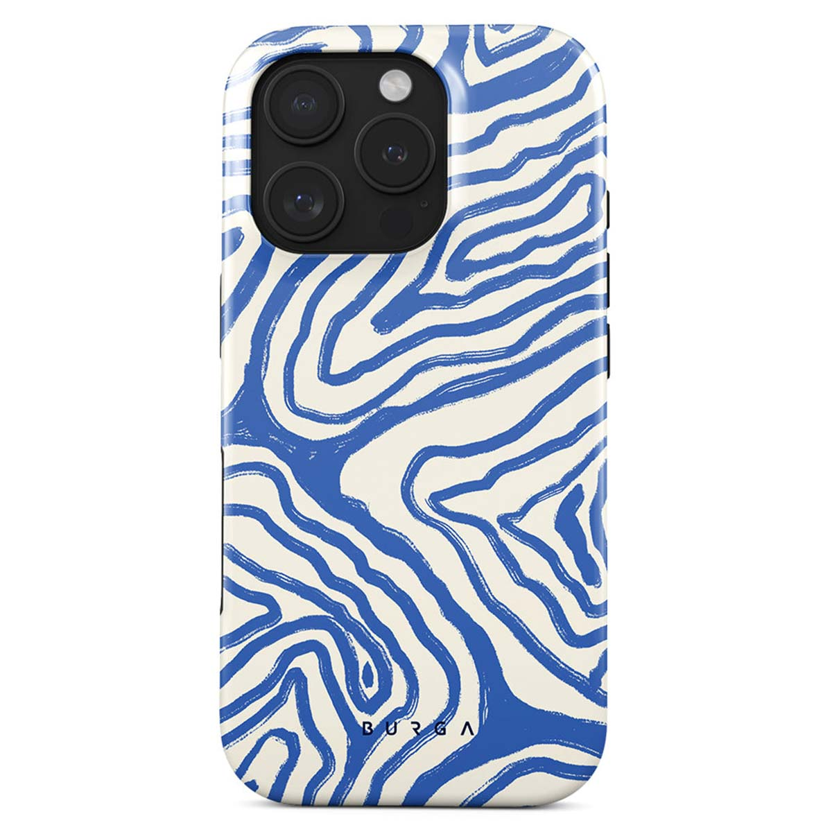 Een telefoonhoesje met een blauw zebra-achtig patroon op een gebroken witte achtergrond, met een cameramodule.