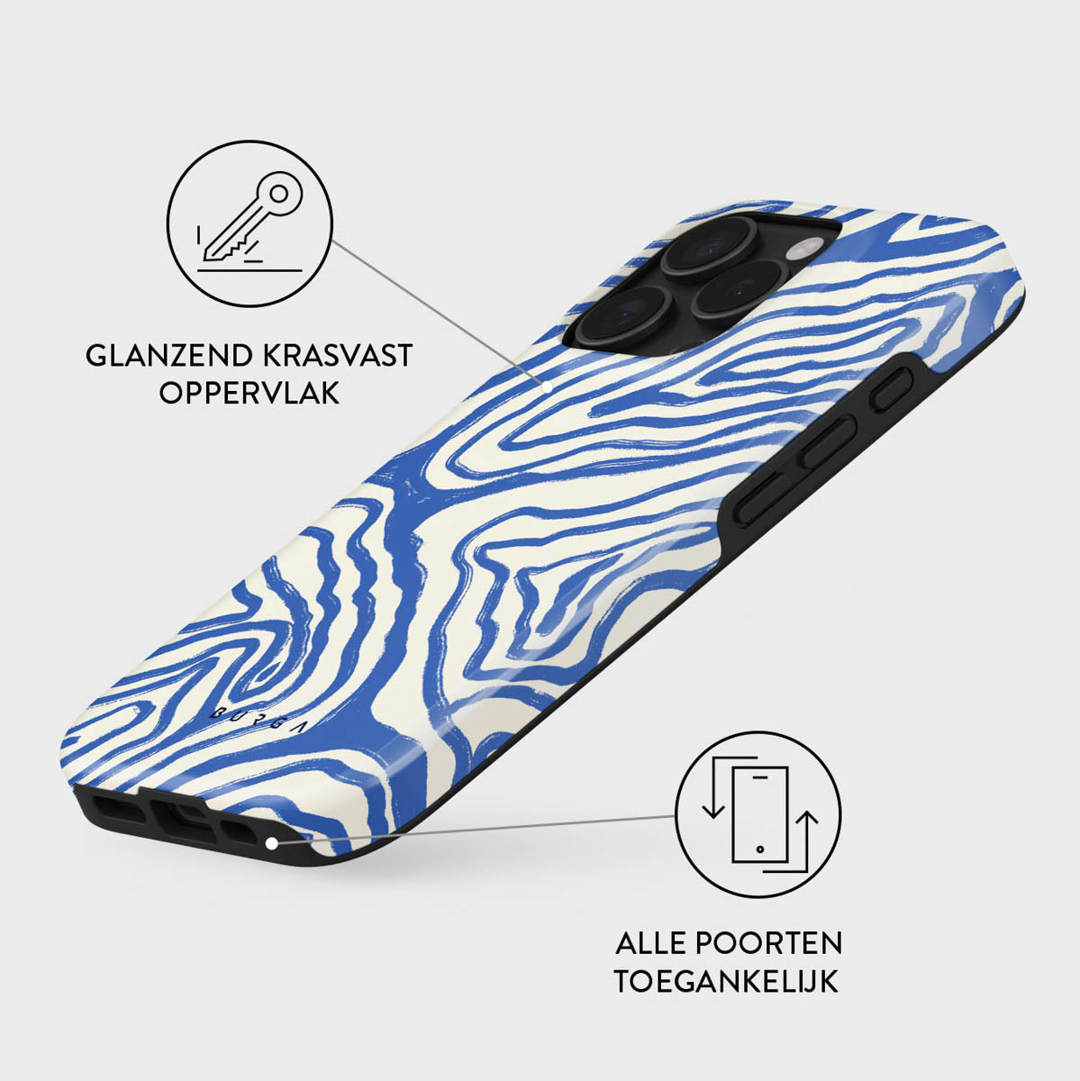 Een telefoonhoesje met een blauwe en witte zebraprint. De hoes is glanzend en krasbestendig, met toegankelijke poorten.
