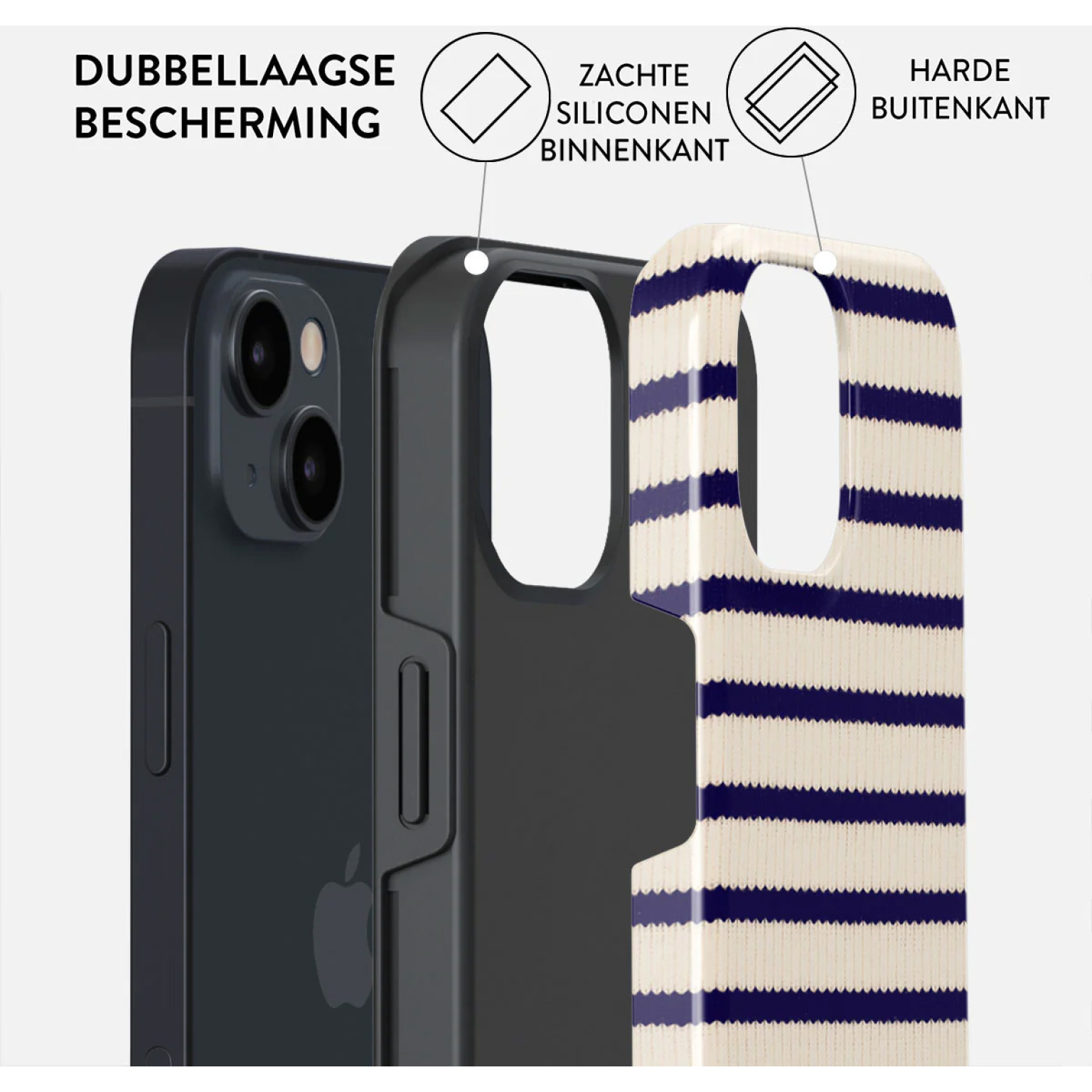 Telefoonhoesje met streepjespatroon. Lagen tonen dubbele bescherming: zachte siliconen binnenkant, harde buitenkant en telefoon.
