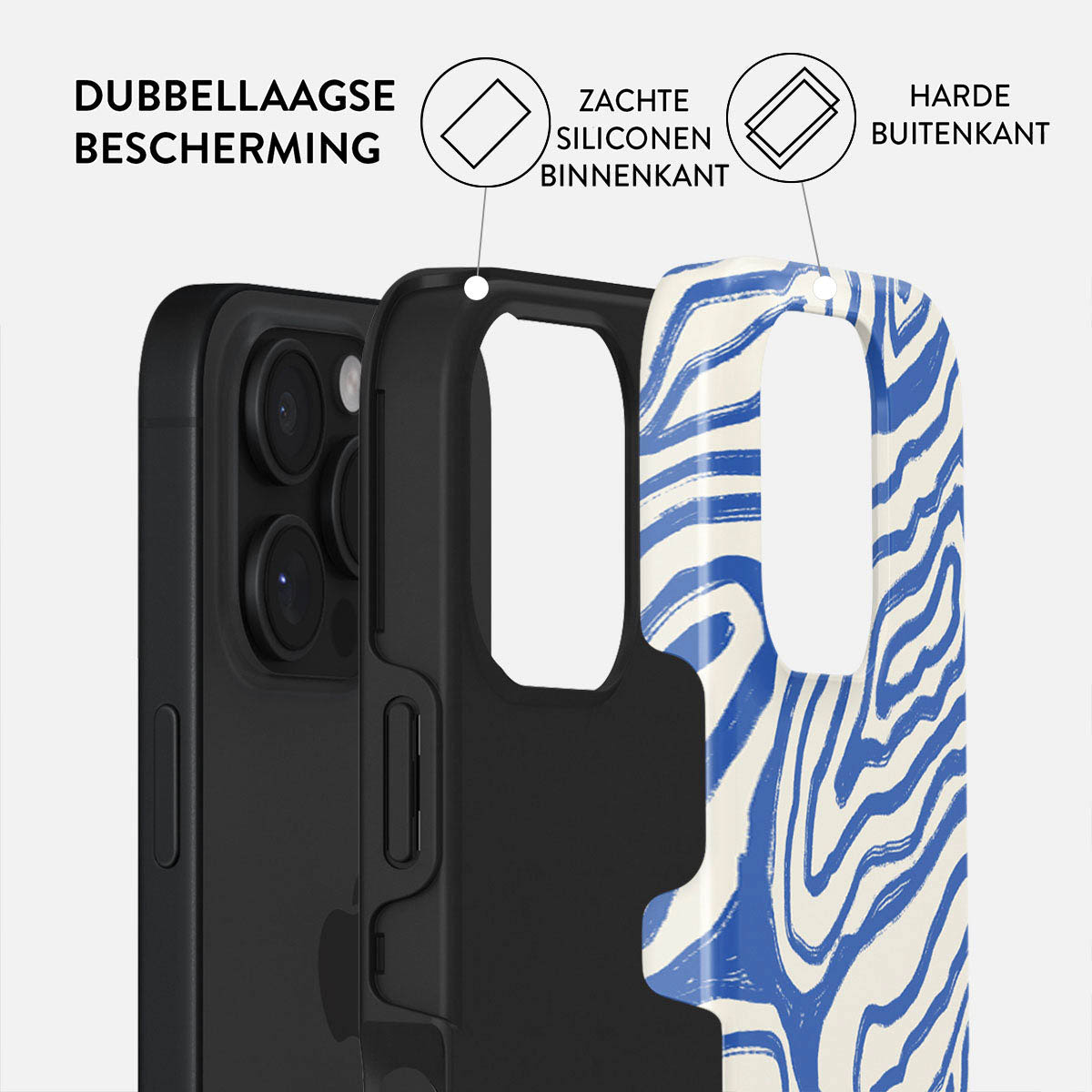 Een telefoonhoesje met een blauw en wit patroon wordt getoond. De hoes heeft een zwart frame en toont dubbele bescherming.
