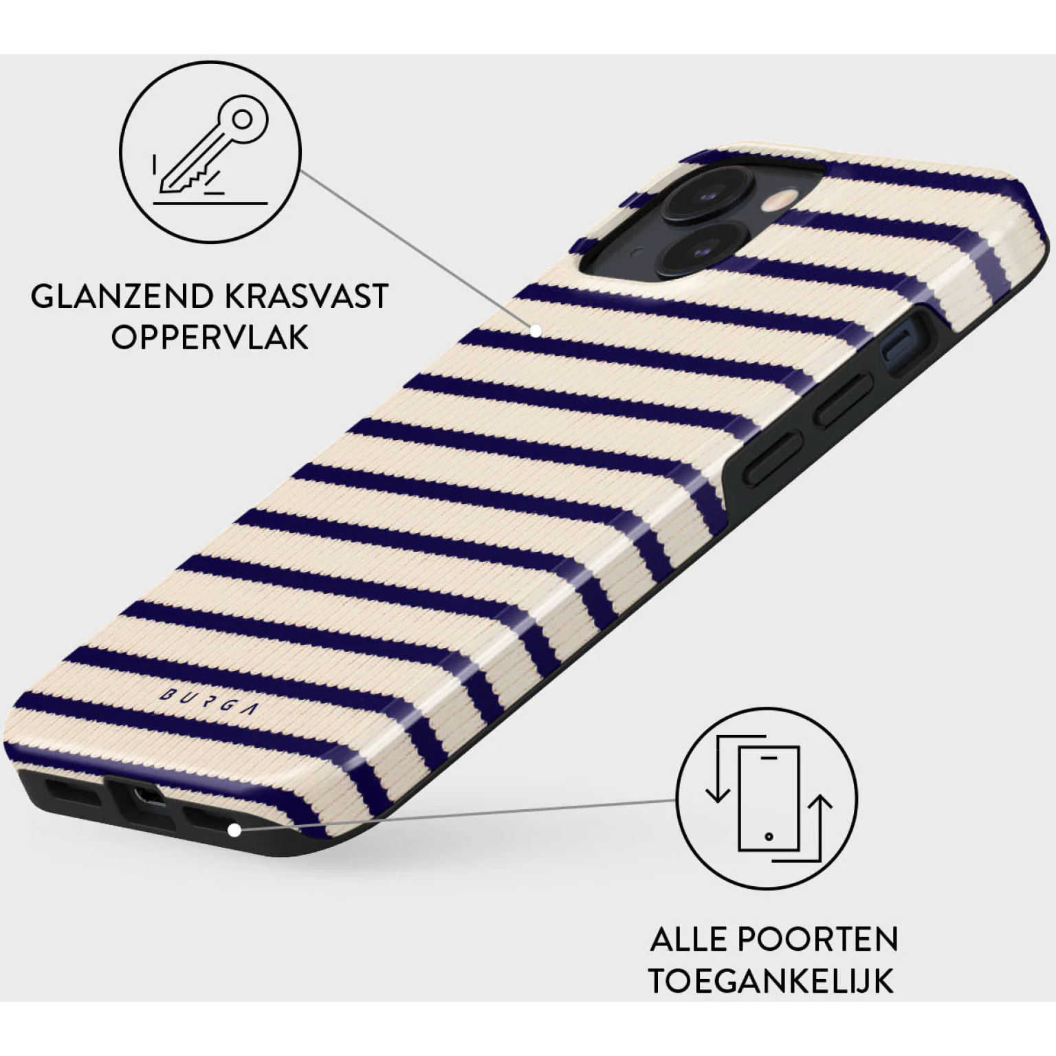 Een telefoonhoesje met crème en marineblauwe strepen. De hoes heeft een glanzend, krasbestendig oppervlak. Alle poorten zijn toegankelijk.