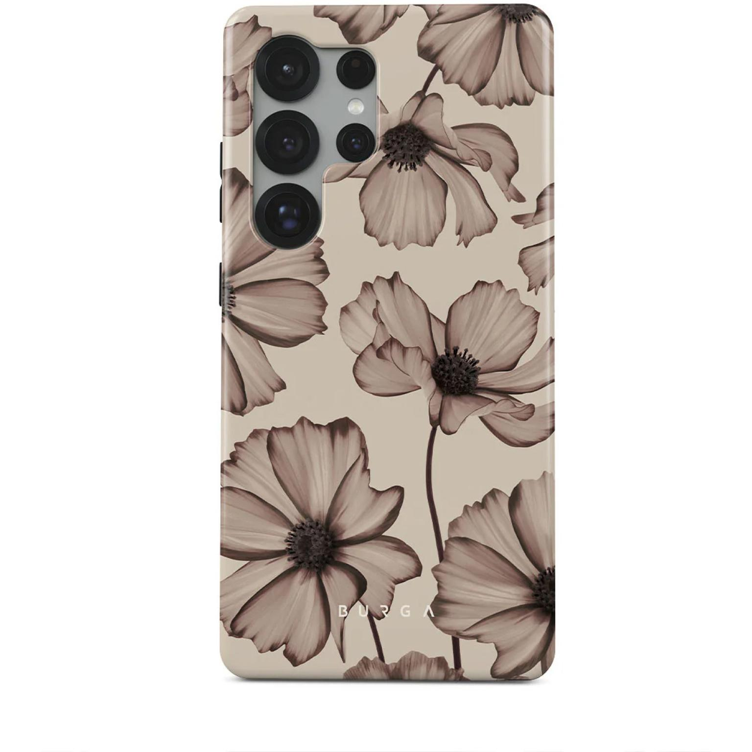 Telefoonhoesje met een beige achtergrond en sepia-kleurig bloemmotief. Bloemen met donkere centra zijn verspreid over het oppervlak.