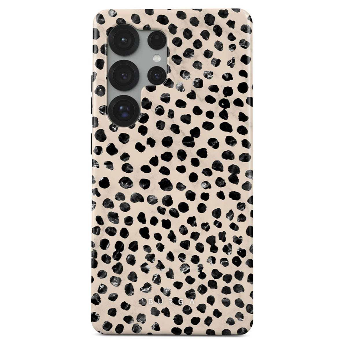 Smartphonehoesje met zwarte stippen op een lichtbeige achtergrond, cameralenzen zichtbaar. "BURGA" staat onderaan.