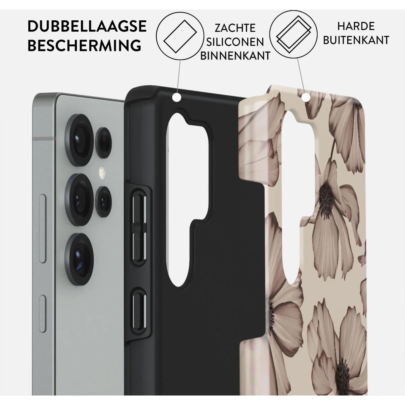 Telefoonhoes in lagen: telefoon, zwarte binnenhoes, buitenhoes met bloemenpatroon. Teksten: dubbele bescherming, zachte siliconen binnenkant, harde buitenkant.