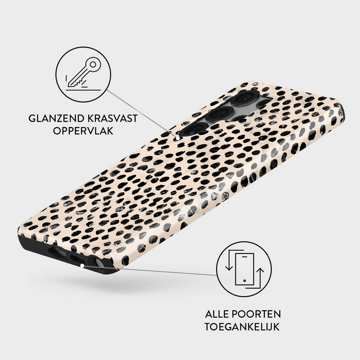Een telefoonhoesje met een beige achtergrond en zwarte stippen. Tekst benadrukt glanzend oppervlak en toegankelijke poorten. Sleutel- en telefoonpictogrammen.