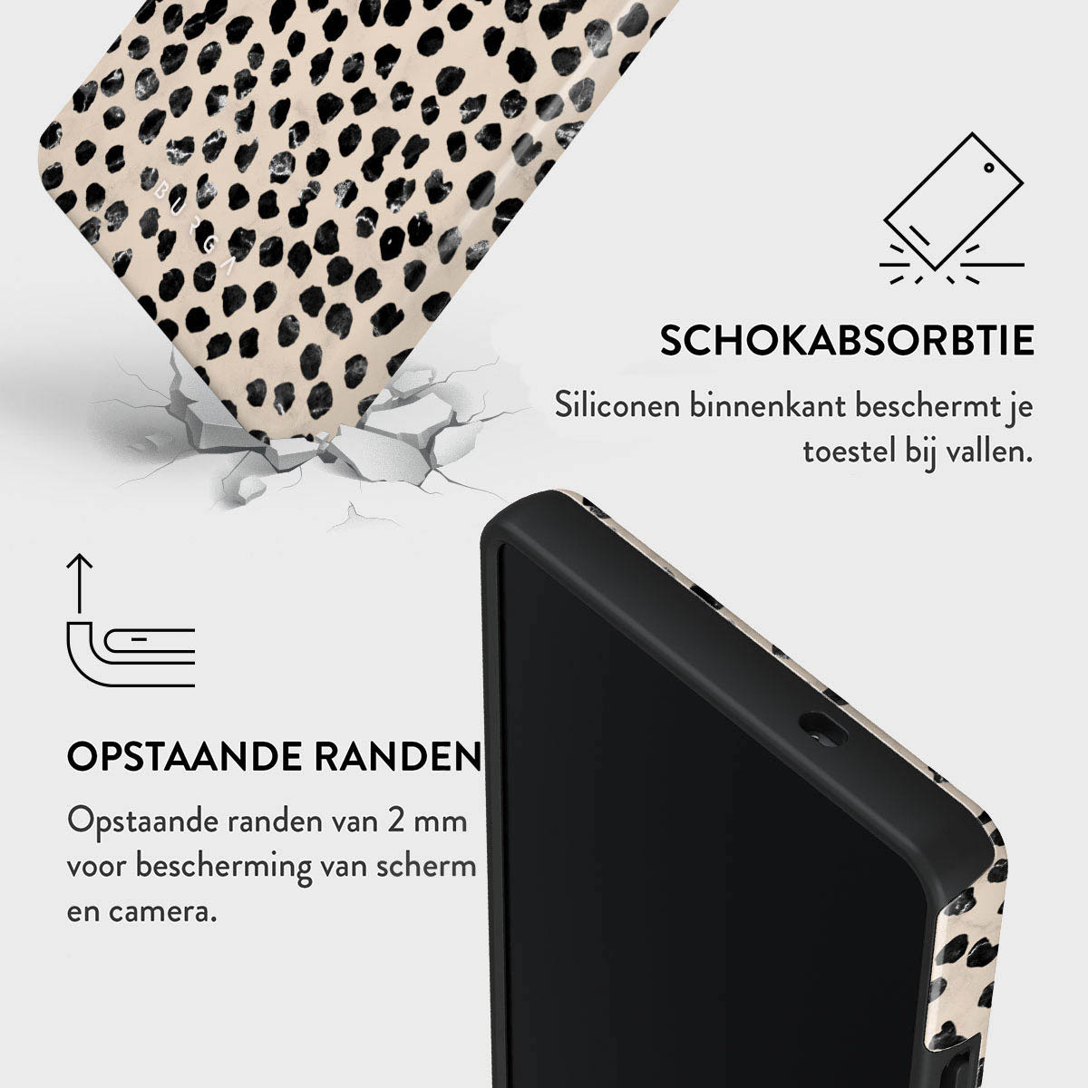 Afbeelding toont telefoonhoesje met zwarte stippen. Tekst vermeldt schokabsorptie en schermbescherming.
