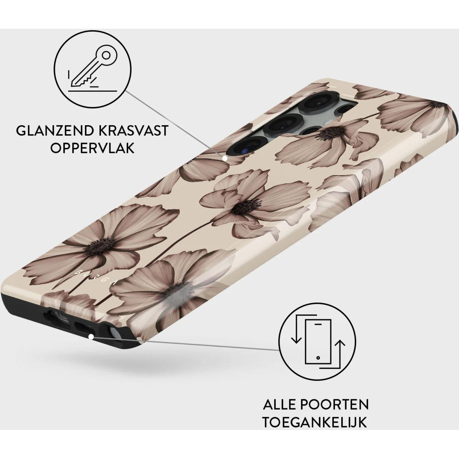 Telefoonhoesje met bloemendesign in beige en bruin. Tekst: Glanzend Krasvast Oppervlak, Alle poorten toegankelijk.