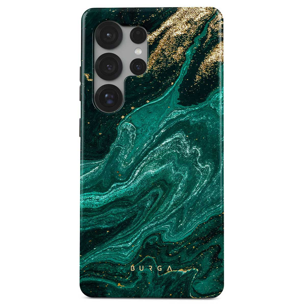 Een telefoonhoesje met een groen marmerontwerp en gouden accenten. De hoes heeft een uitsparing voor de camera.