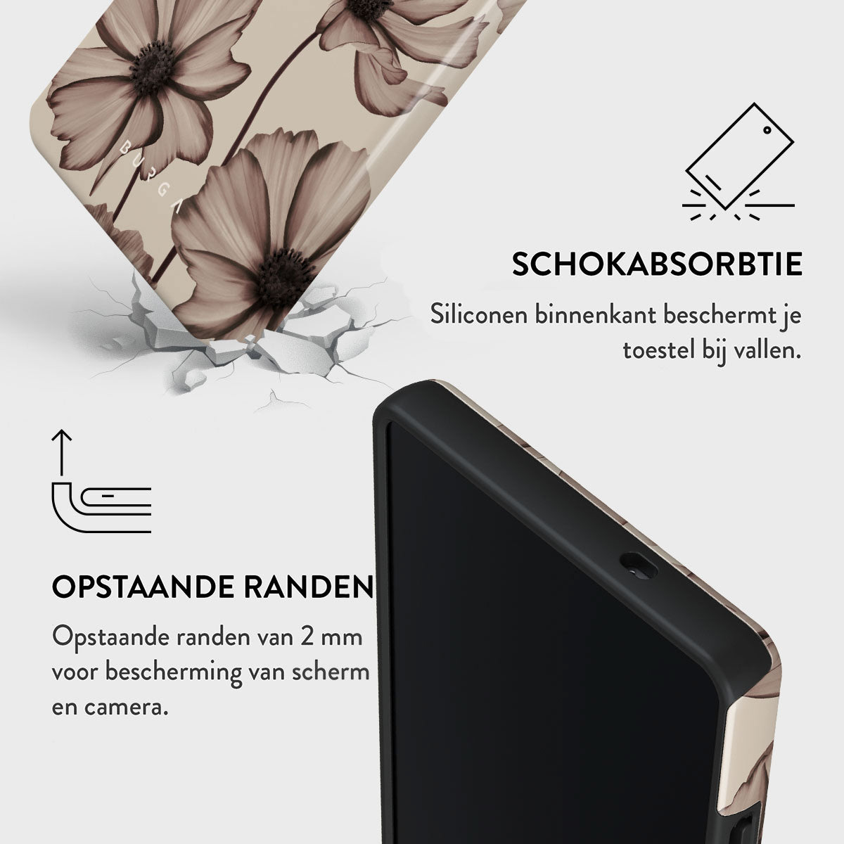 Telefoonhoesje met bloemdesign, zwarte rand. Tekst over schokabsorptie en verhoogde randen voor scherm- en camerabescherming.