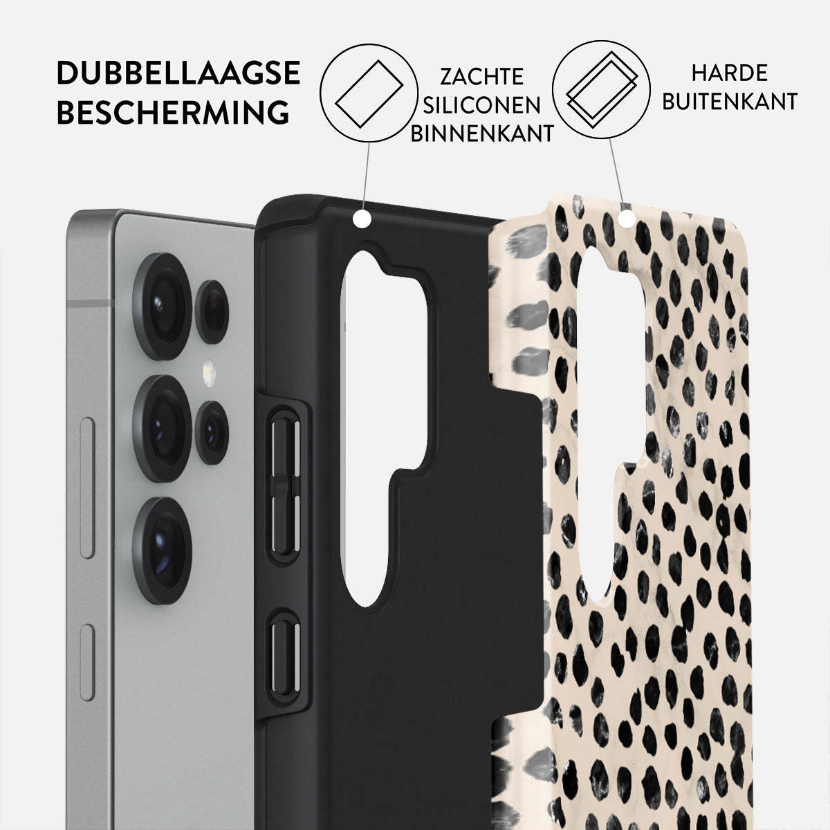 Telefoonhoesje met gelaagde bescherming. Tekst toont 'dubbele bescherming', 'zachte siliconen binnenkant' en 'harde buitenkant'.