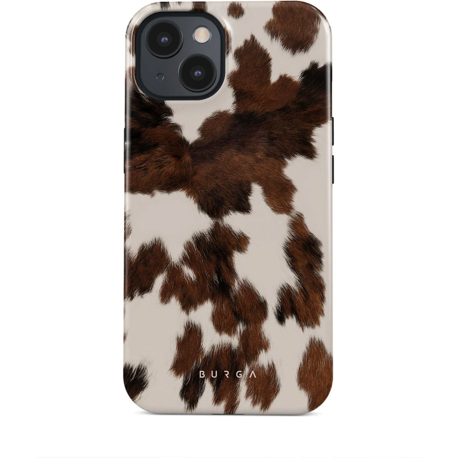 A phone case with a cowhide pattern. Brown and white patches cover the case. The back has a camera and a brand name.