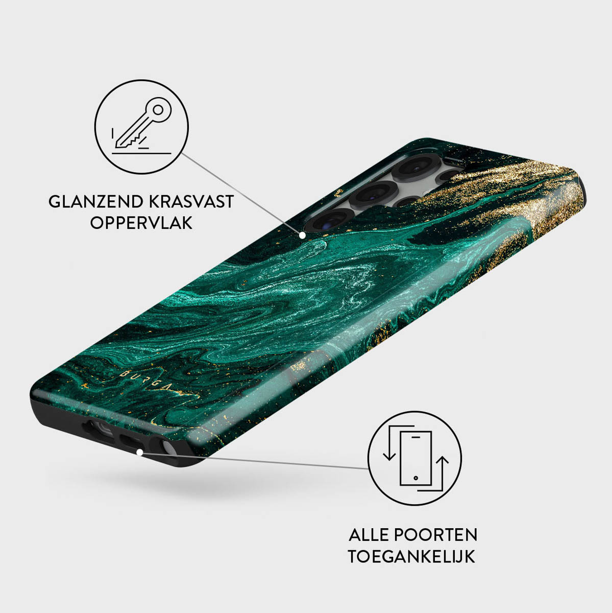 Een telefoonhoesje met een groen marmerontwerp en gouden spikkels. Labels geven een glanzend, krasbestendig oppervlak en toegankelijke poorten aan.