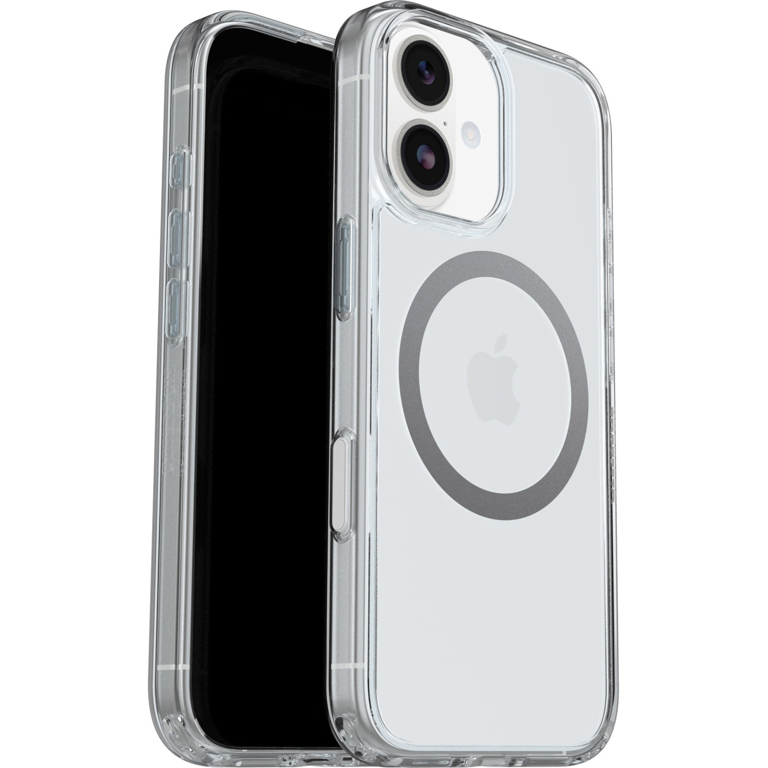 Een transparante iPhone-hoes met een zwart scherm dat erdoorheen te zien is. De hoes heeft een grijze MagSafe-ring met een Apple-logo.