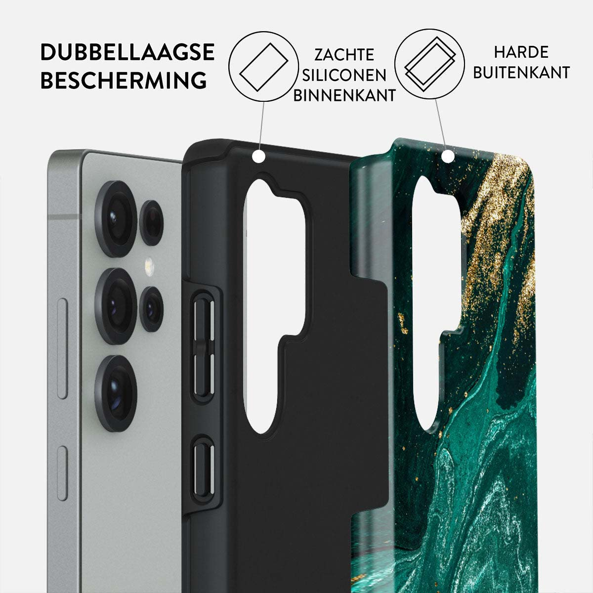 Een telefoonhoesje met beschermlagen. Tekst benadrukt 'zachte siliconen binnenkant' en 'harde buitenrand'. De telefoon is zichtbaar.