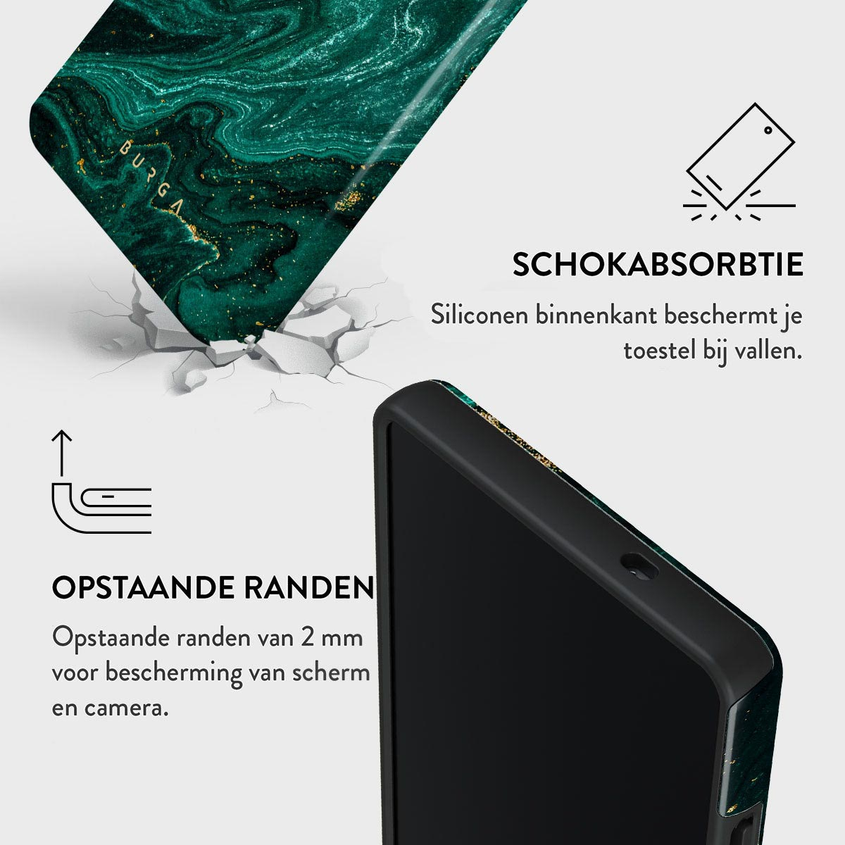 Een telefoonhoesje met een groen marmerontwerp. Tekst beschrijft schokabsorptie en verhoogde randen voor scherm- en camerabescherming.