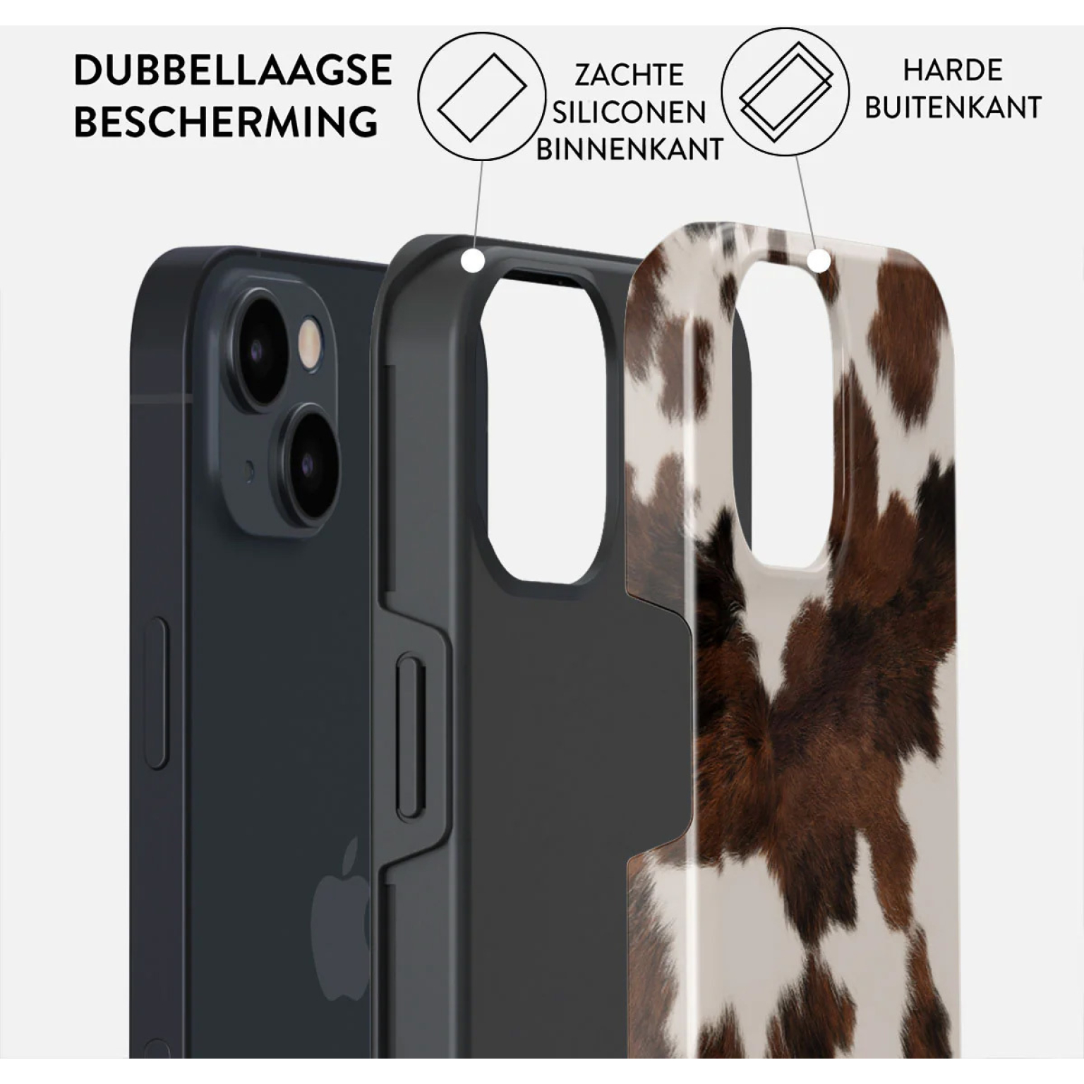 Image shows a phone case. It has a black inner layer, a cow-print outer layer, and a diagram indicating its dual-layer protection.