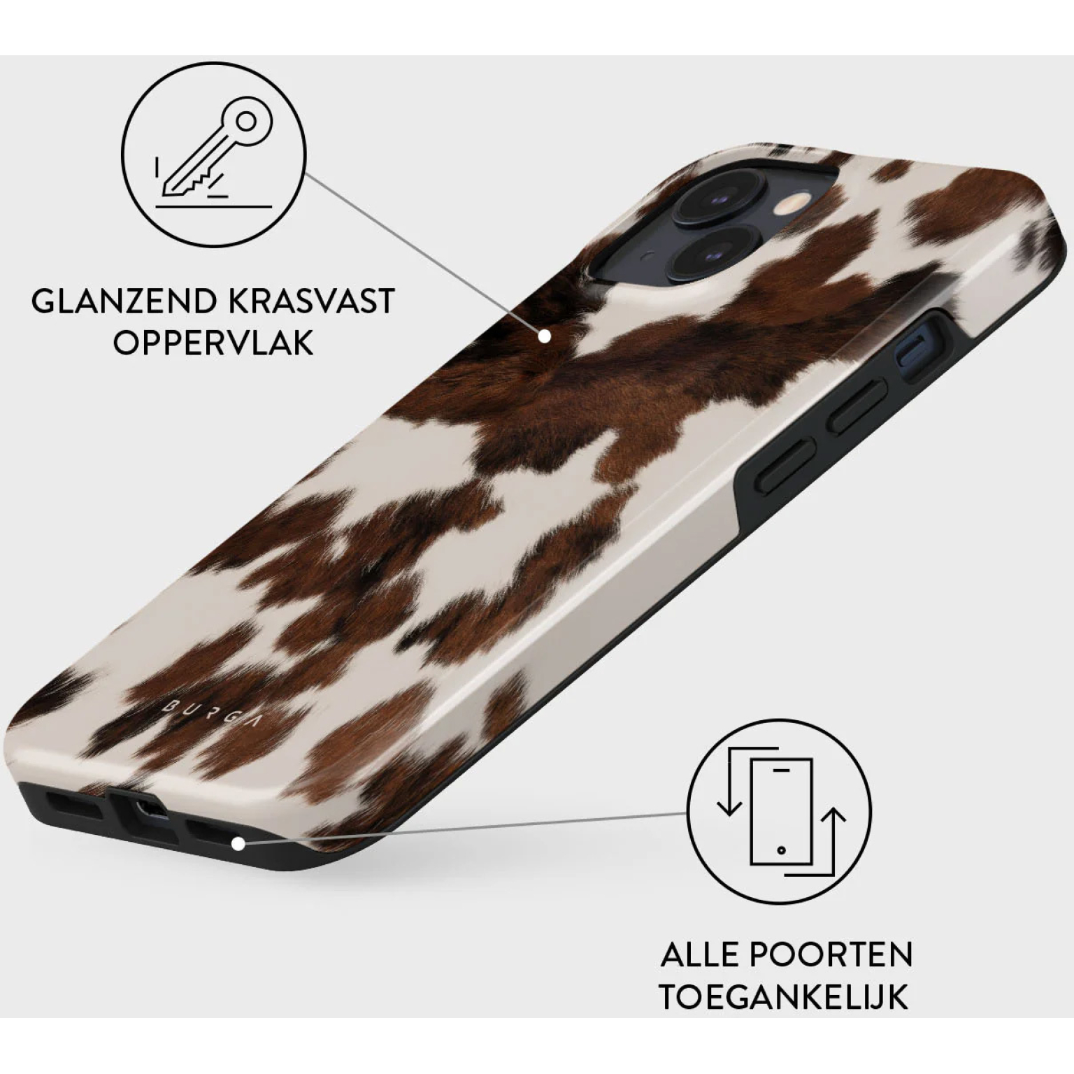 A phone case with a cowhide pattern. The case is white with brown patches, and it has a glossy finish.