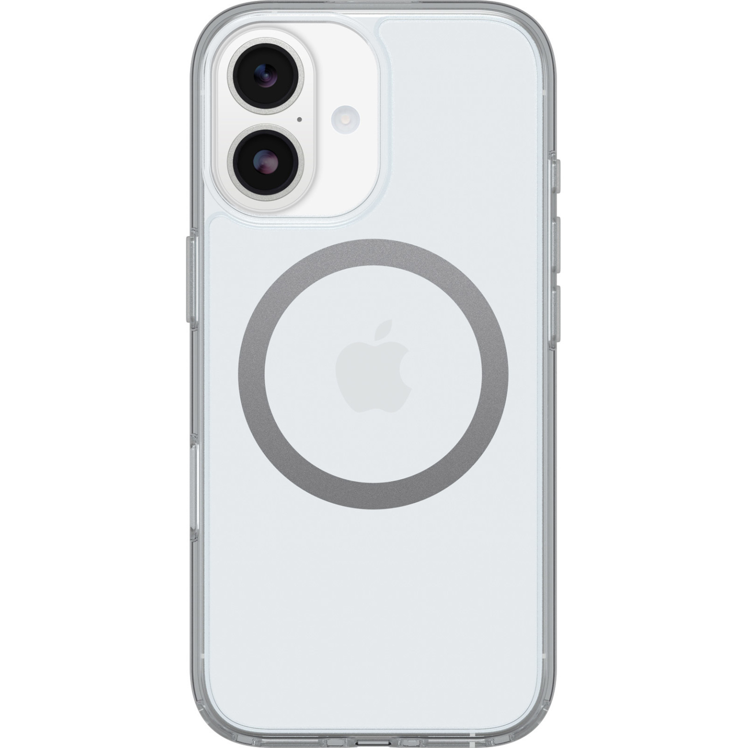 Een doorzichtige telefoonhoes met zilveren magnetische ring en Apple-logo. Camera en knoppen zichtbaar.