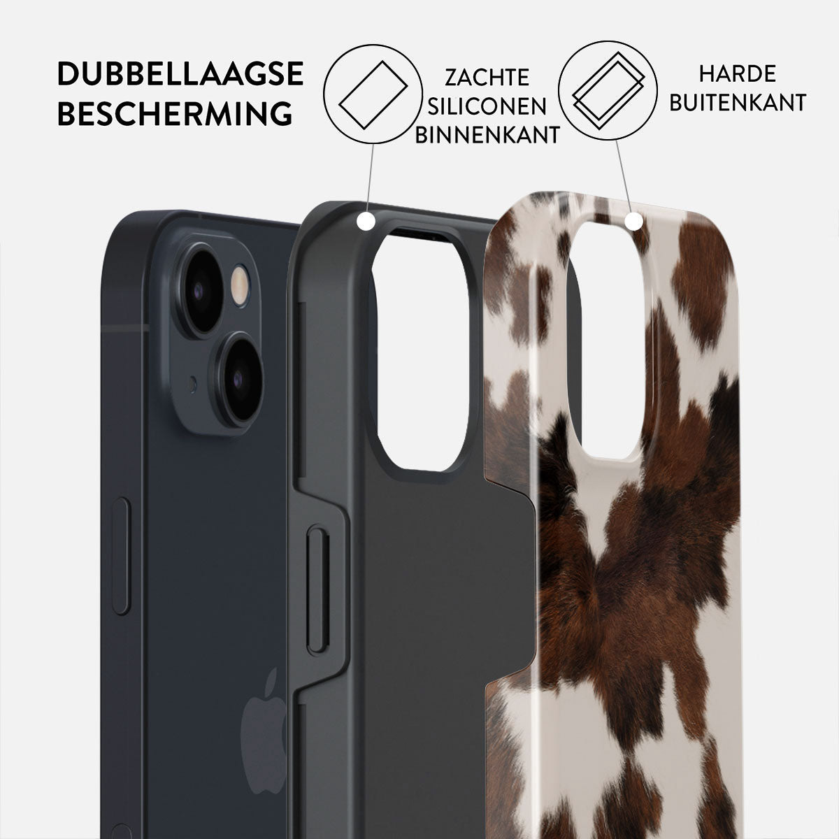Phone case layers: phone, black inner, cow print outer. Text: Double-layer protection, soft silicone inside, hard outside.