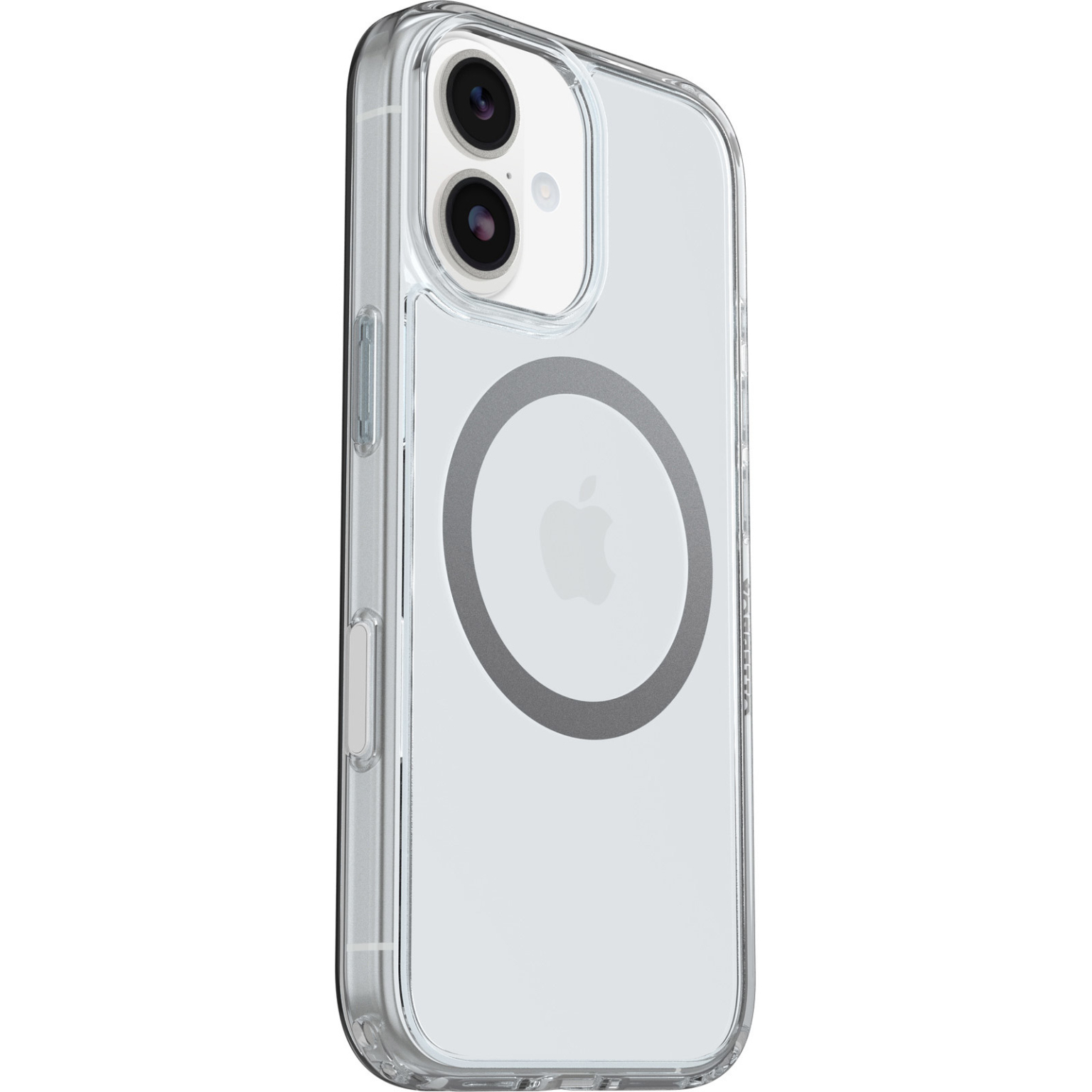 Een transparante telefoonhoes met een Apple-logo. De hoes heeft een zilveren ring rond het logo en een uitsparing voor de camera bovenaan.