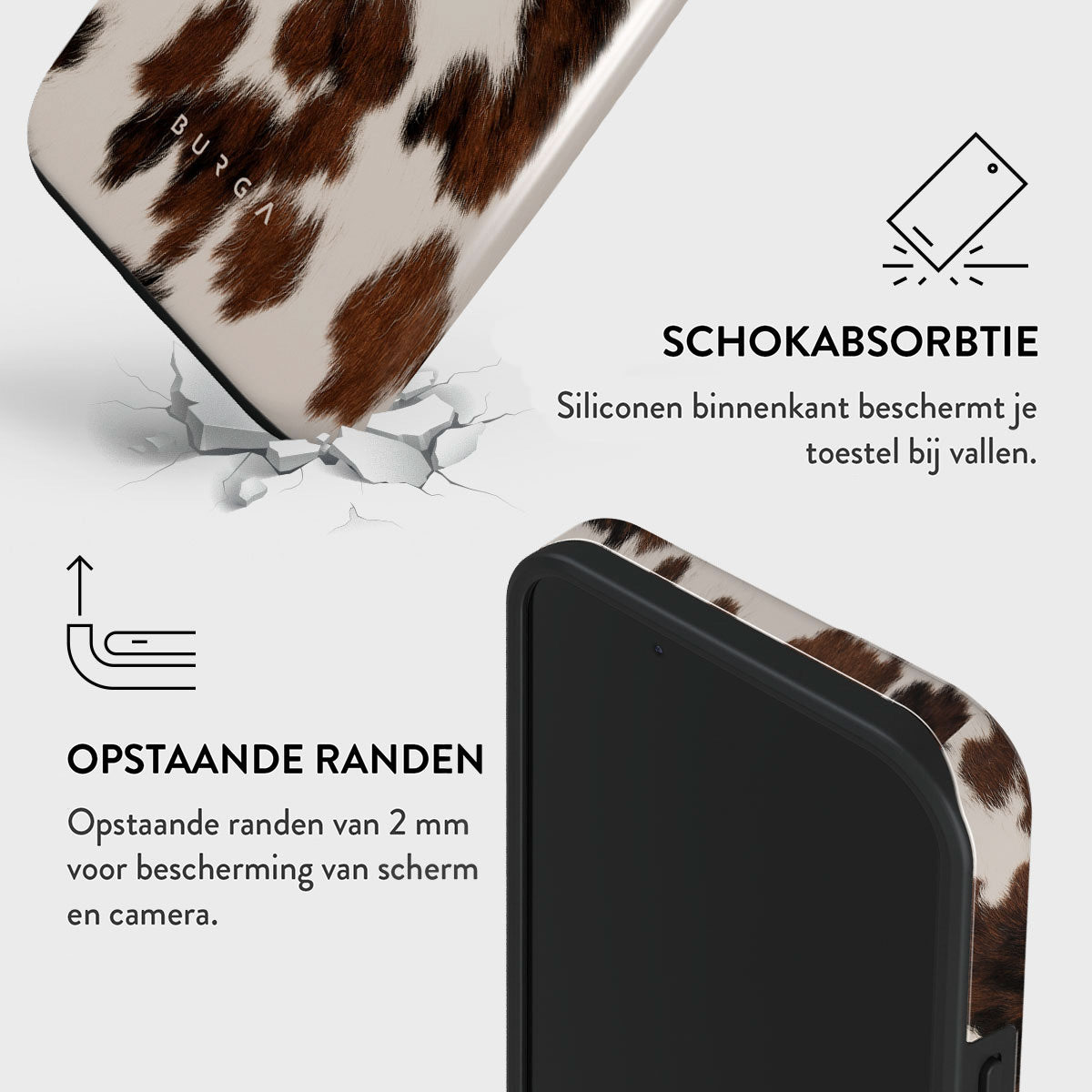 A phone case with a cowhide pattern is shown, along with text about shock absorption and raised edges for screen and camera protection.