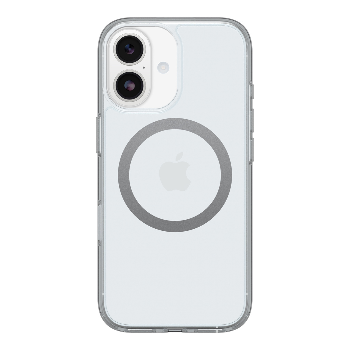 Een transparante iPhone-hoes met een telefoon erin. Zichtbaar zijn de camera's van de telefoon, het Apple-logo en de MagSafe-ring. De hoes staat op een witte achtergrond.