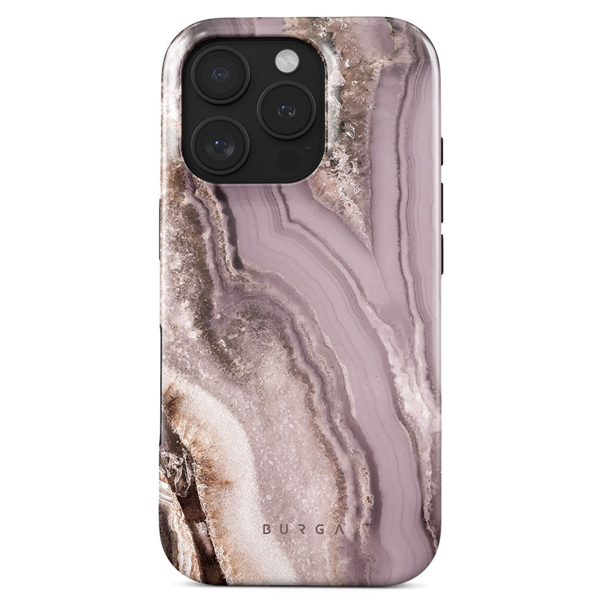 Een telefoonhoesje met een marmerpatroon. De hoes is overwegend roze en grijs met een cameramodule bovenop. Het merk 'BURGA' is zichtbaar.