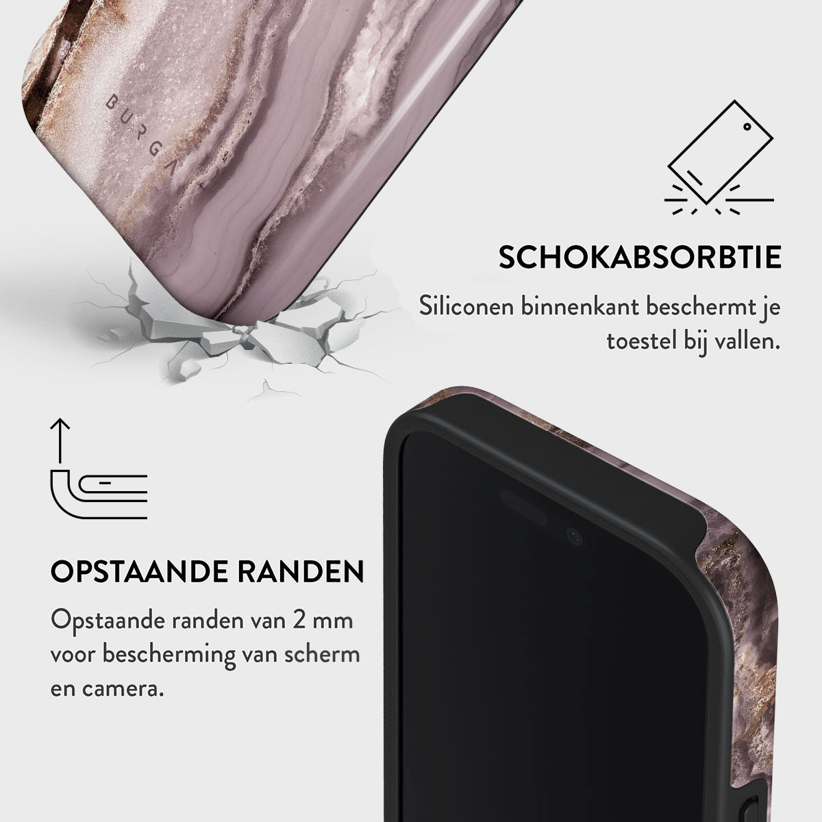 Een telefoonhoesje met een marmerontwerp wordt getoond. Het staat naast een telefoon. Tekst legt schokabsorptie en verhoogde randen uit voor bescherming.