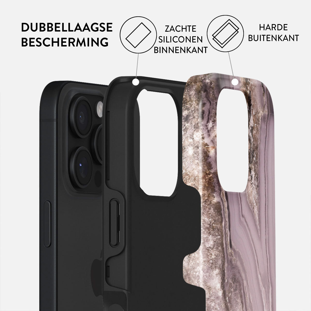 Een telefoonhoesje met dubbellaagse bescherming: een zachte siliconen binnenkant en een harde buitenlaag. Tekst labelt de lagen.