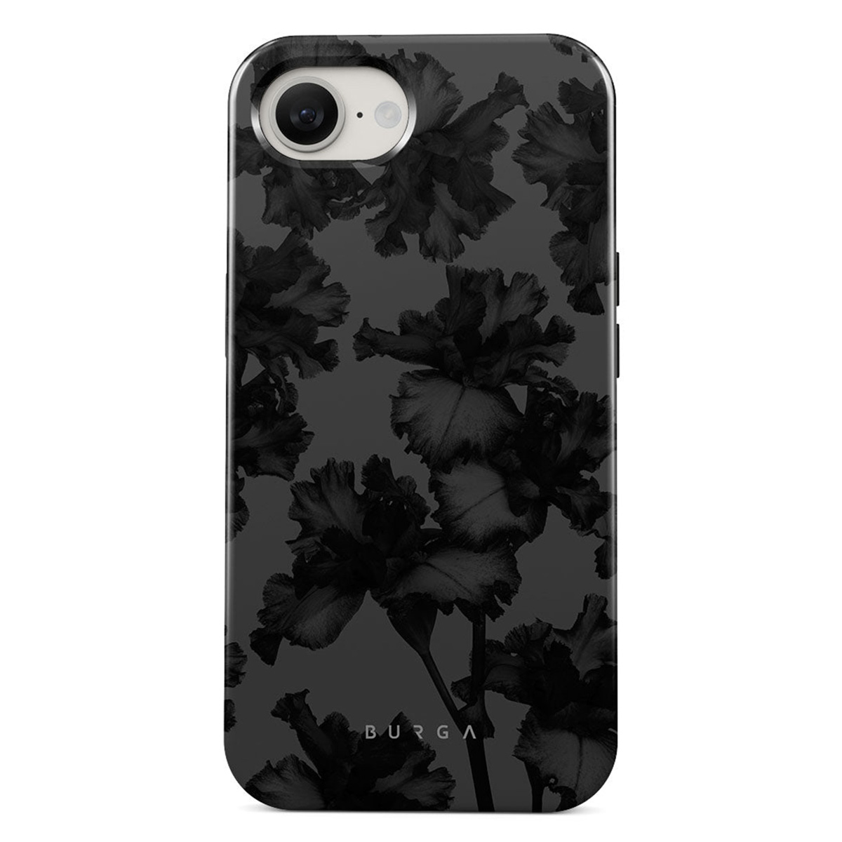 Telefoonhoesje met zwart bloemmotief. De hoes heeft een uitsparing voor de camera en de merknaam BURGA onderaan.