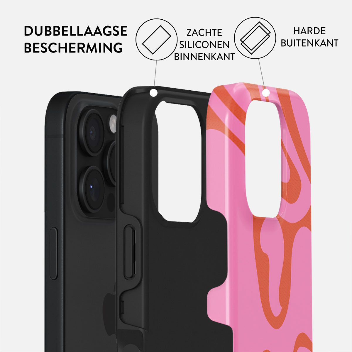 Een telefoonhoesje met zwarte achterkant en een roze en oranje patroon aan de voorkant. Tekst geeft dubbellaagse bescherming aan.