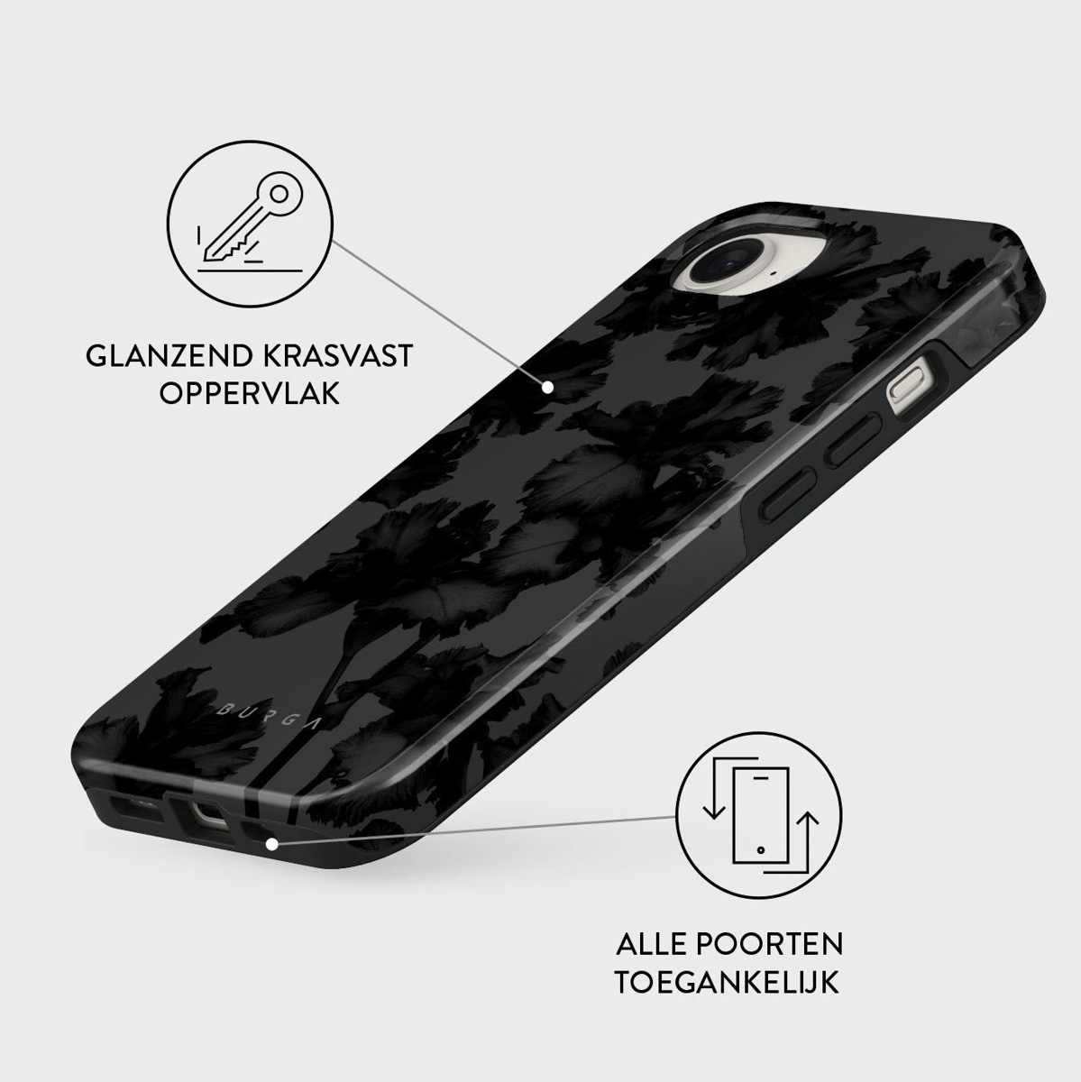 Een zwarte telefoonhoes met bloemenpatroon wordt schuin weergegeven. Het heeft een glanzend, krasbestendig oppervlak met toegankelijke poorten.