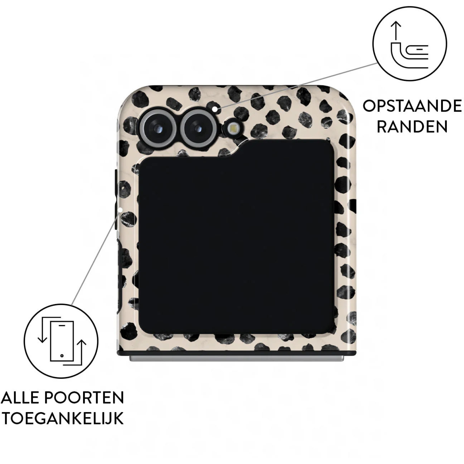 Telefoonhoesje met luipaardprint. Het heeft zwarte vlekken op een beige achtergrond. Toont camera, poorten en opstaande randen.