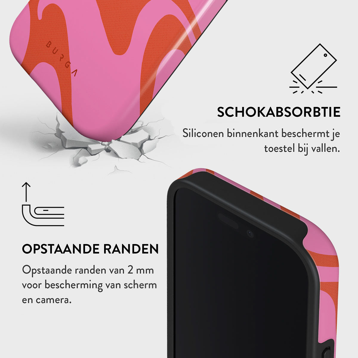 Telefoonhoesje met roze en oranje design. Tekst op de hoes vermeldt 'Schokabsorbtie'. Zwarte telefoon met zichtbaar scherm.