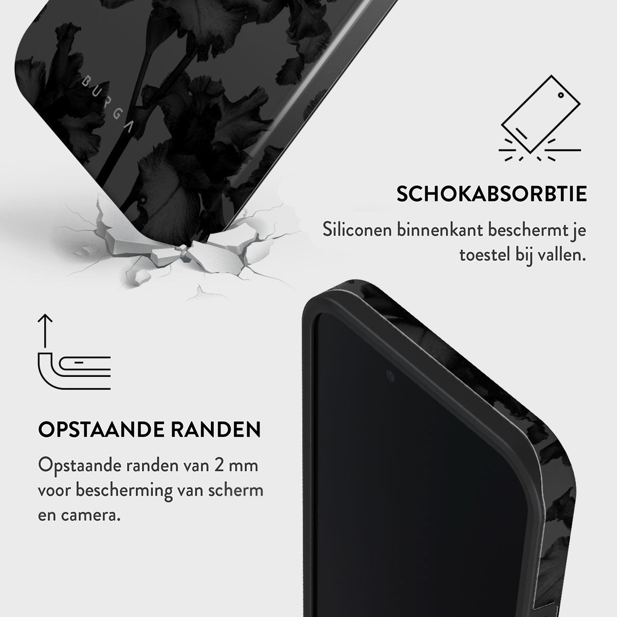 Afbeelding toont een telefoonhoesje met zwart bloemmotief. Tekst geeft schokabsorptie en verhoogde randen aan.