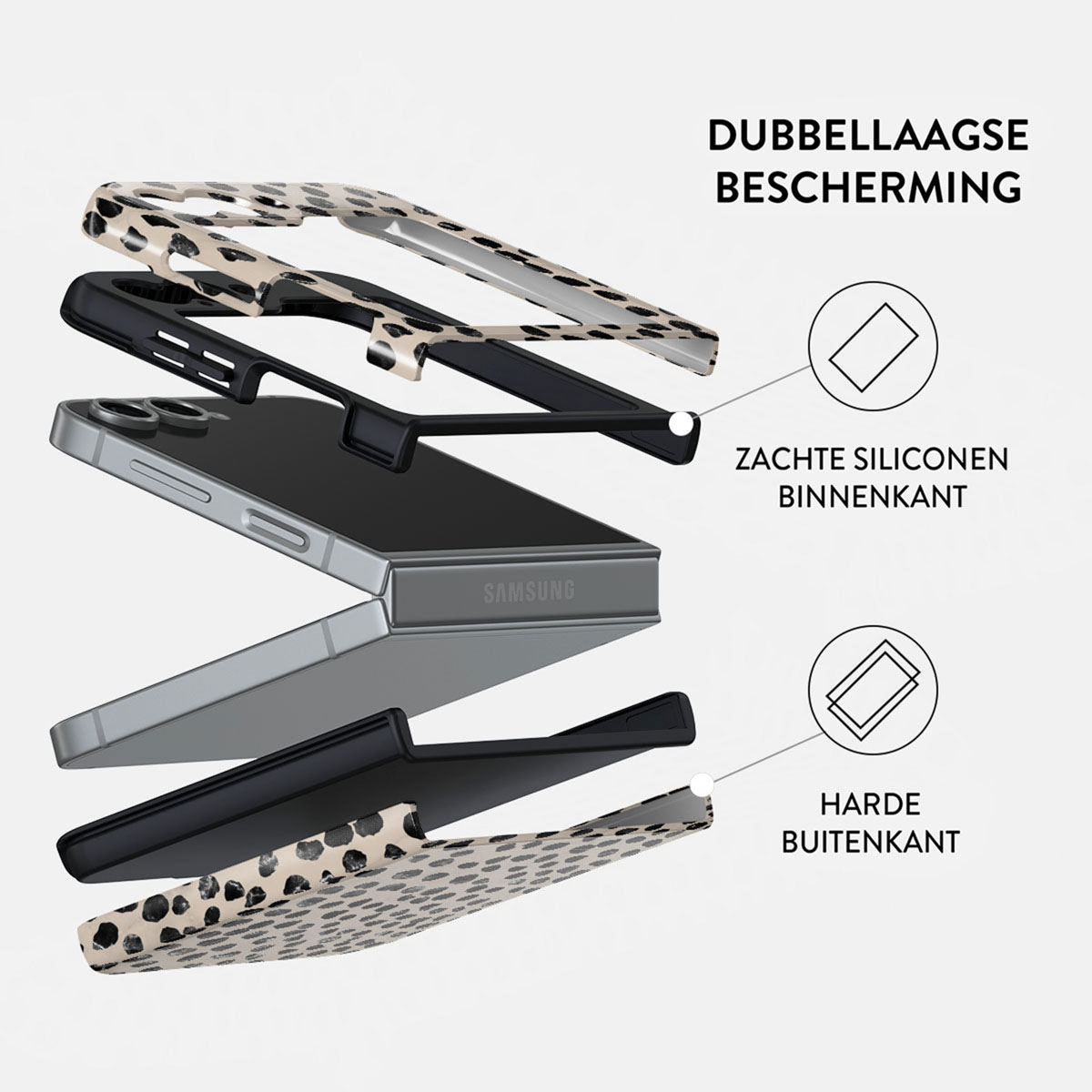 Exploded view van een telefoonhoesje. Het toont de telefoon, een zwart frame en een luipaardprint cover. Tekst geeft dubbellaagse bescherming aan.