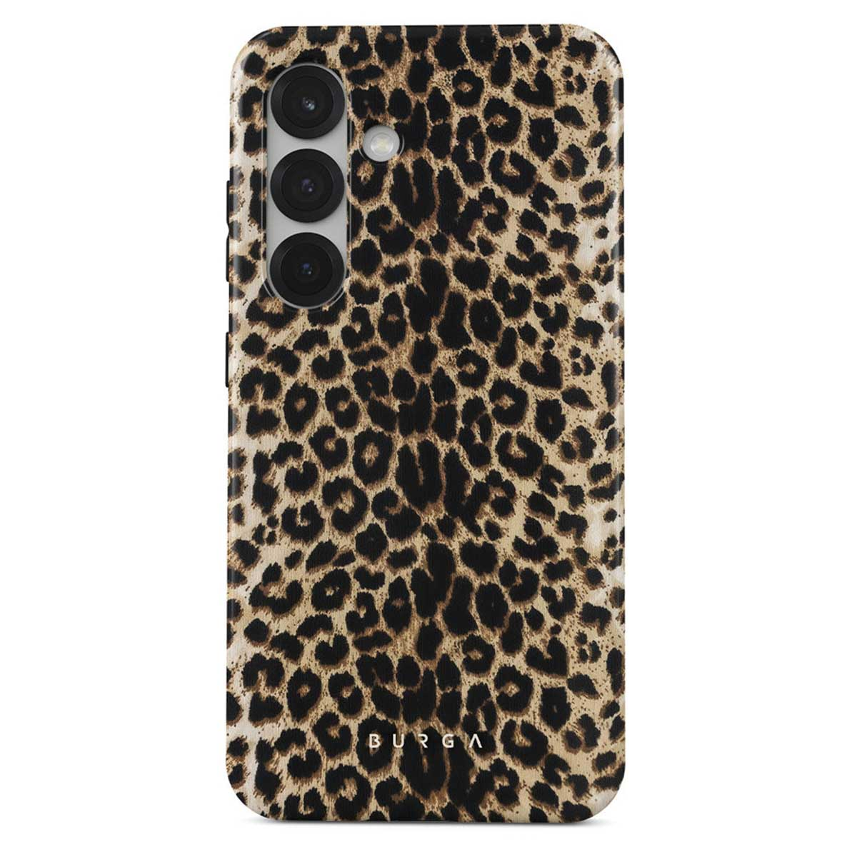 Une coque de téléphone avec un motif léopard. Elle a un module caméra noir et la marque 'BURGA' en bas.