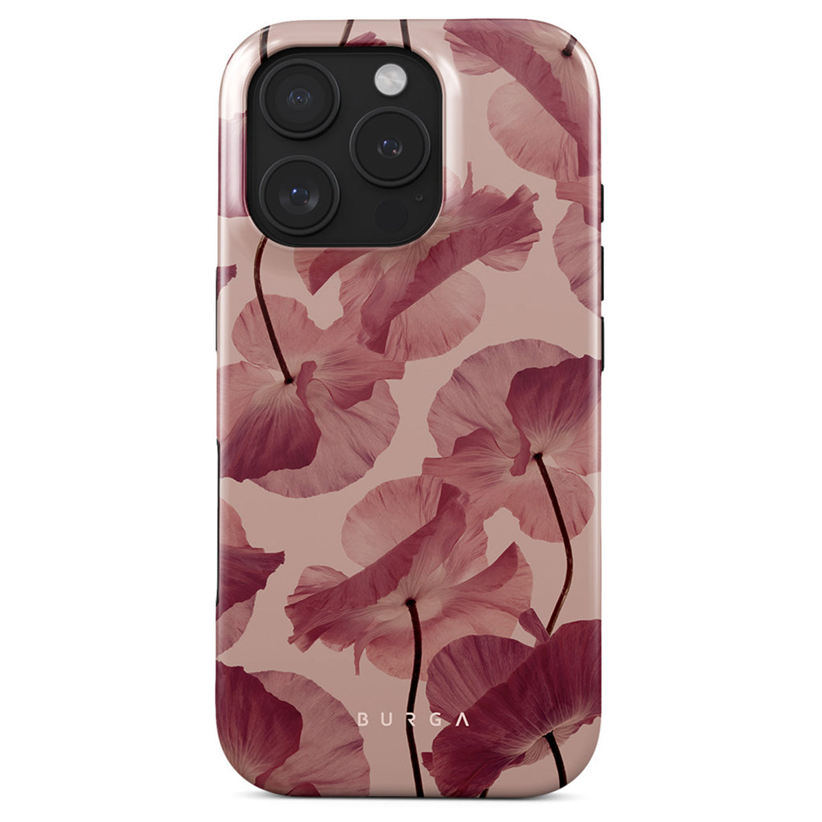 Coque de téléphone avec motif floral rose. Le design présente de grandes fleurs stylisées dans des tons roses sur fond clair.