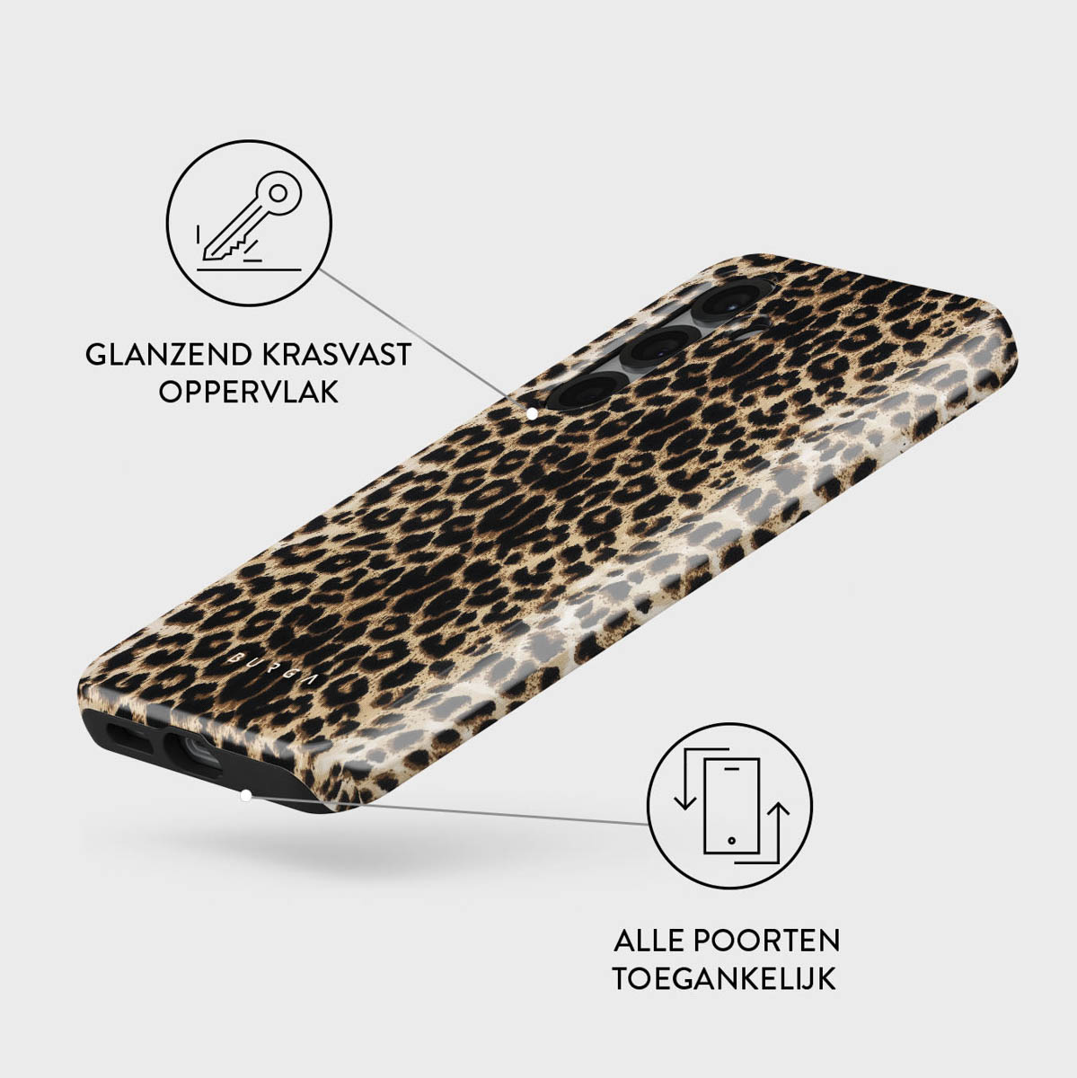 Une coque de smartphone avec un motif léopard. La coque est brillante et présente des icônes indiquant la résistance aux rayures et l'accès aux ports.