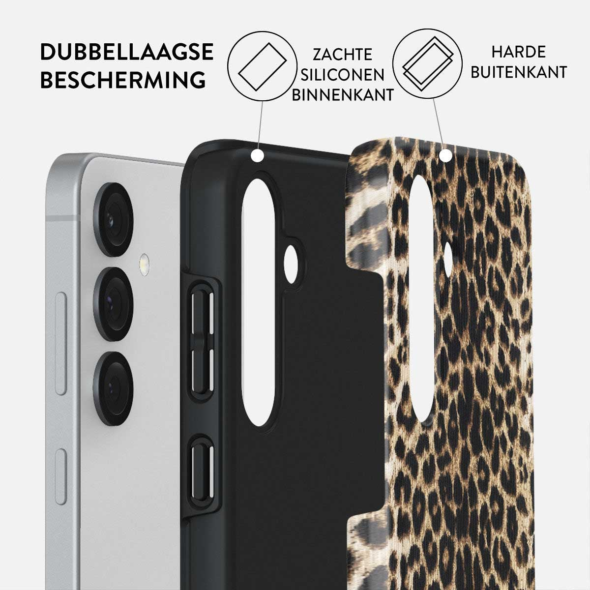 Un étui de téléphone avec un motif léopard est présenté. L'étui est composé de plusieurs couches, dont une couche intérieure en silicone souple.