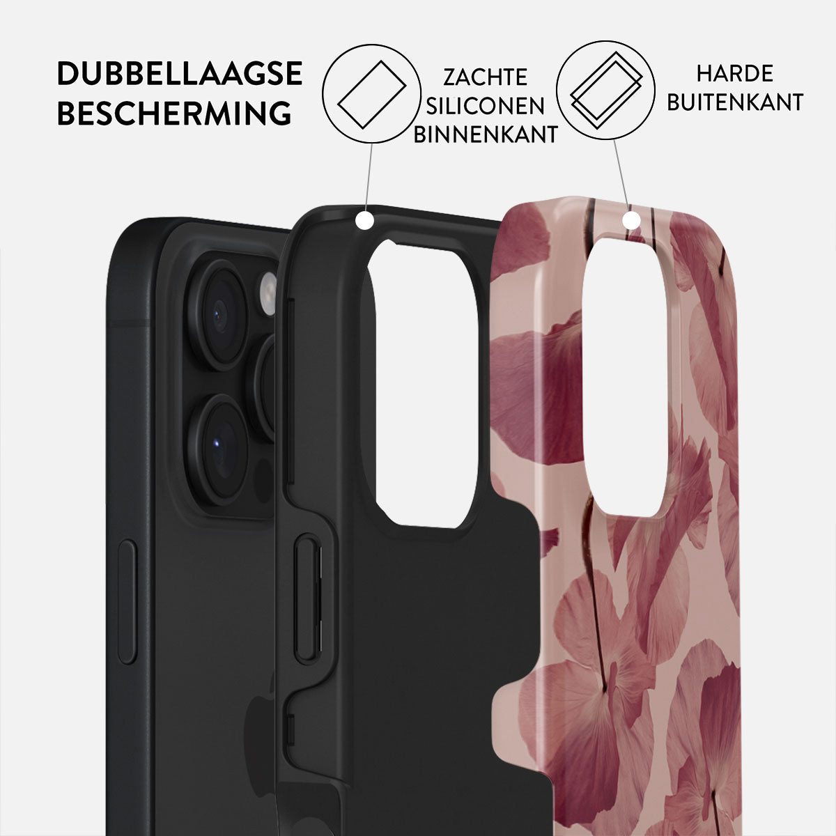 Coque de téléphone avec protection double couche : silicone souple à l'intérieur et coque dure à l'extérieur. Motif floral sur la couche extérieure.
