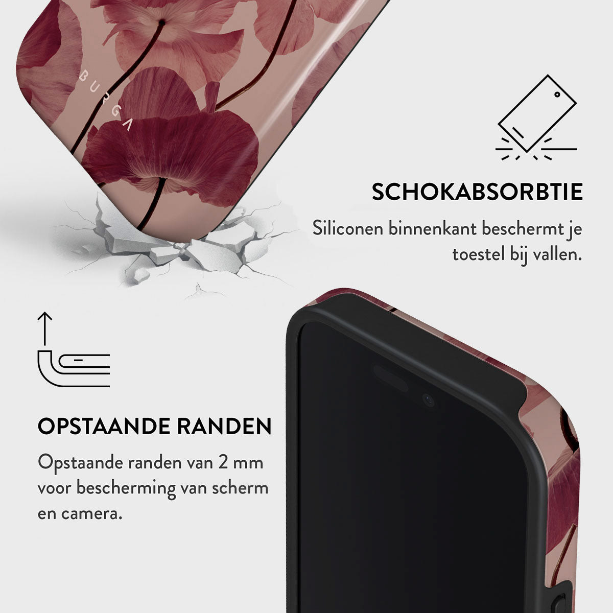 Une coque de téléphone avec un motif floral est présentée. Le texte met en évidence l'absorption des chocs et les bords surélevés.