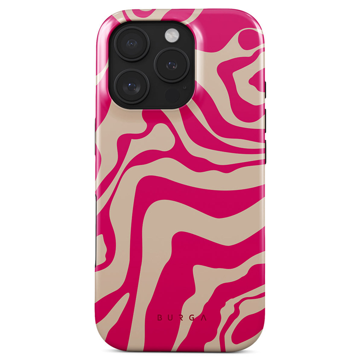 Een telefoonhoesje met een roze en beige wervelpatroon. Het heeft een camerabult met drie lenzen en een flitser.