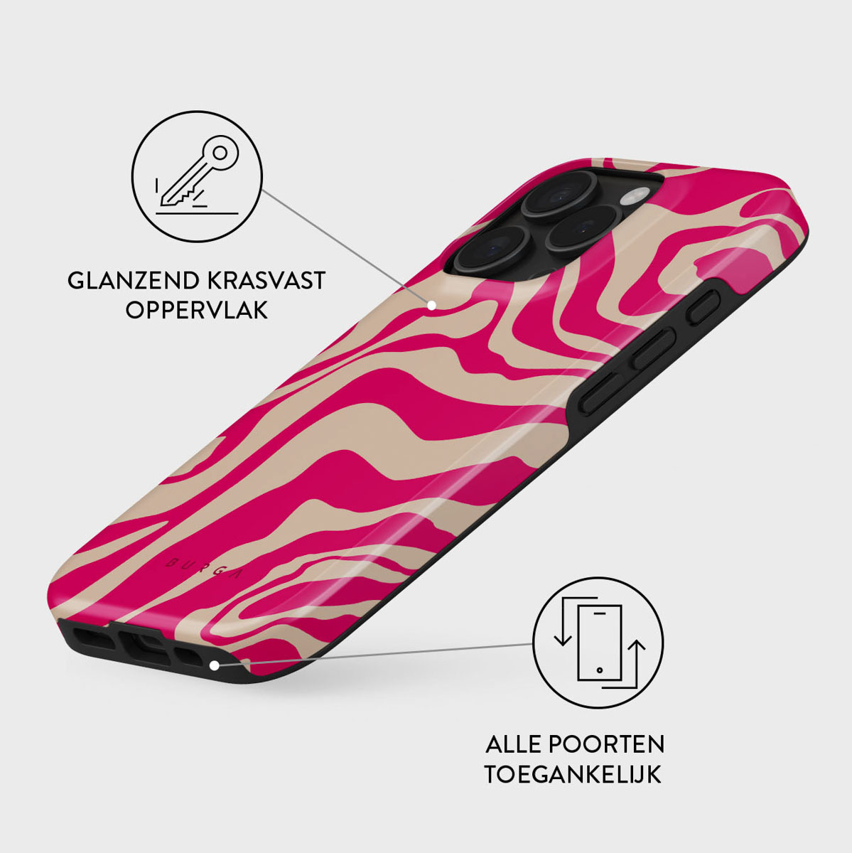 Een telefoonhoesje met een roze en beige zebraprint design. De hoes heeft een glanzende afwerking en is schuin geplaatst, met twee iconen.