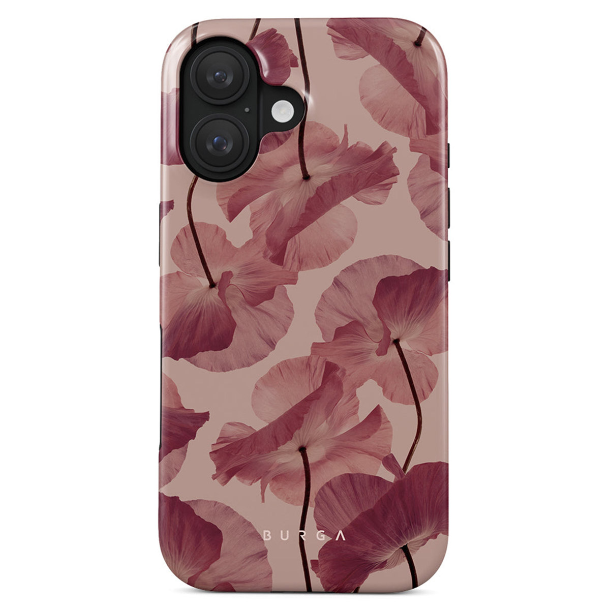 Een telefoonhoesje met een bloemenmotief van roze klaprozen op een lichtroze achtergrond. De hoes heeft een uitsparing voor de camera bovenaan.